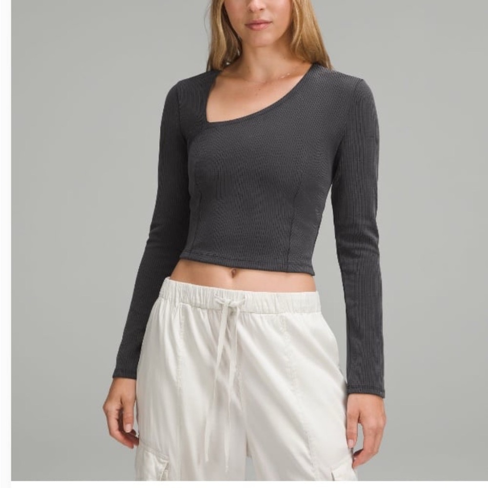 Lululemon Gray/black Ribbed Softstreme Asymmetrical Long-Sleeve shirt cropped